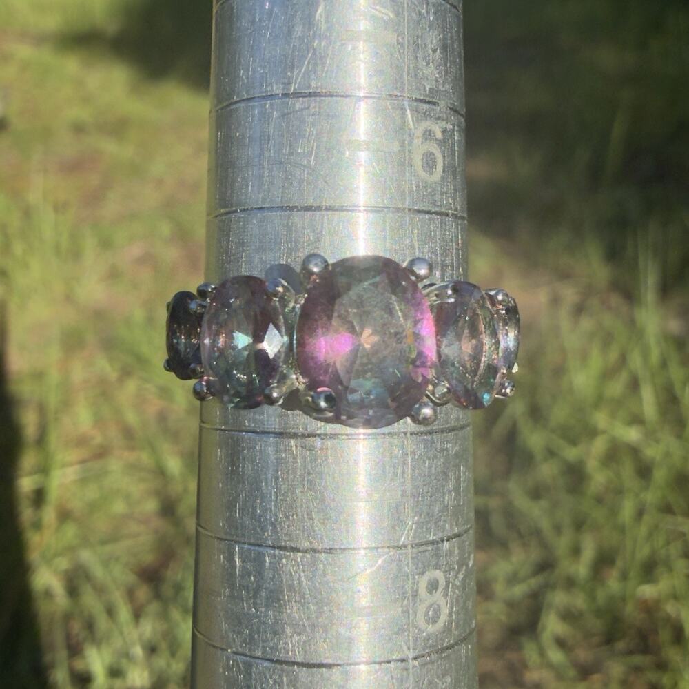 Vintage 925 Sterling Silver Mystic Fire Topaz Ring Oval Three Stone Size 8